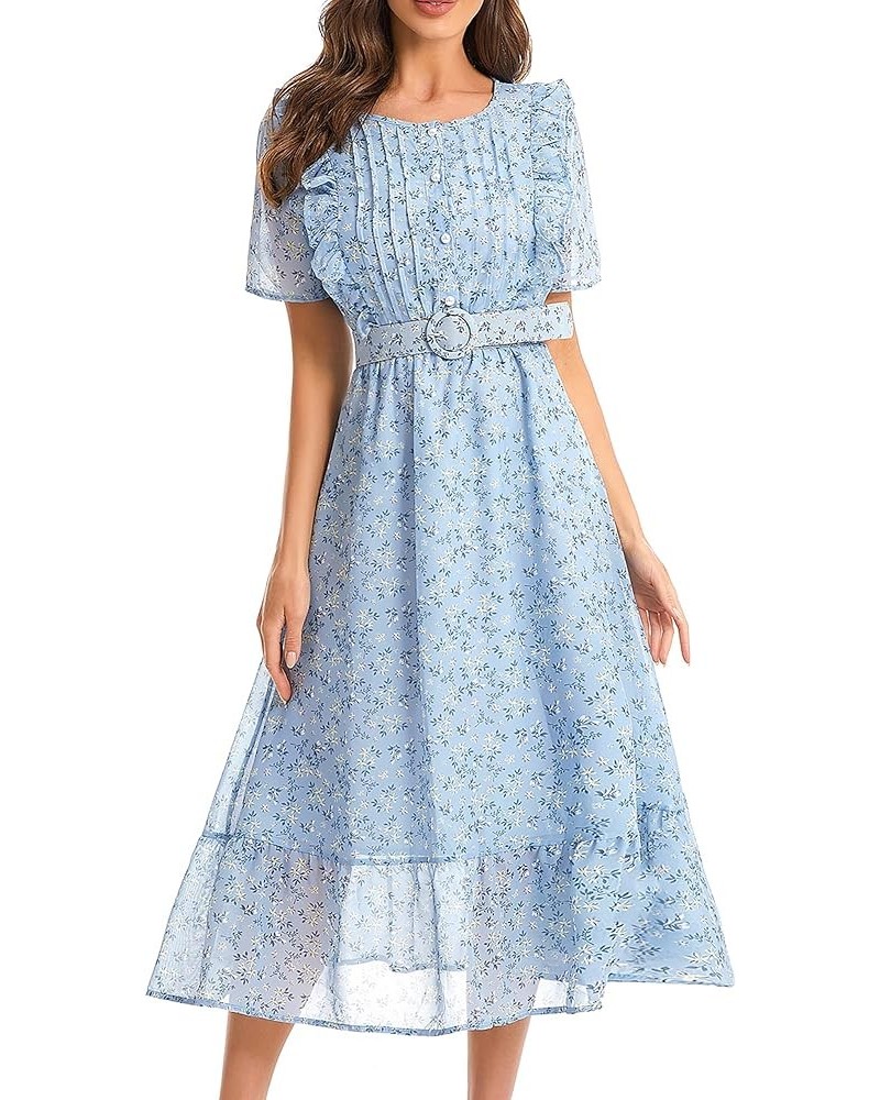 Women's Short Sleeve Button Up Ruffle Chiffon Floral Midi Swing Dress with Belt Blue $20.50 Dresses