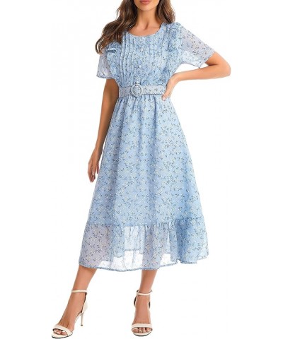 Women's Short Sleeve Button Up Ruffle Chiffon Floral Midi Swing Dress with Belt Blue $20.50 Dresses