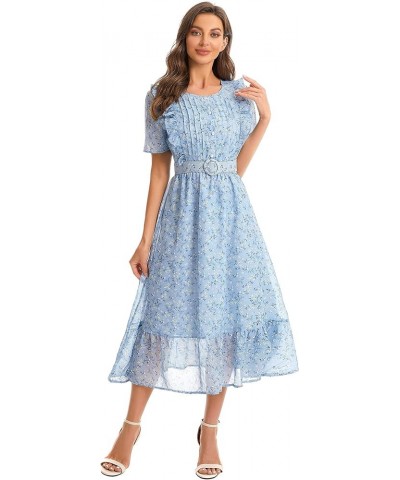 Women's Short Sleeve Button Up Ruffle Chiffon Floral Midi Swing Dress with Belt Blue $20.50 Dresses