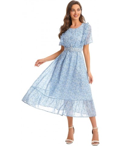 Women's Short Sleeve Button Up Ruffle Chiffon Floral Midi Swing Dress with Belt Blue $20.50 Dresses