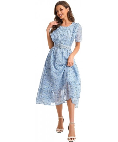 Women's Short Sleeve Button Up Ruffle Chiffon Floral Midi Swing Dress with Belt Blue $20.50 Dresses