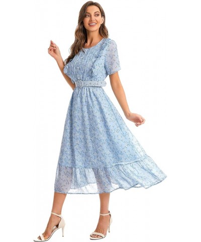 Women's Short Sleeve Button Up Ruffle Chiffon Floral Midi Swing Dress with Belt Blue $20.50 Dresses