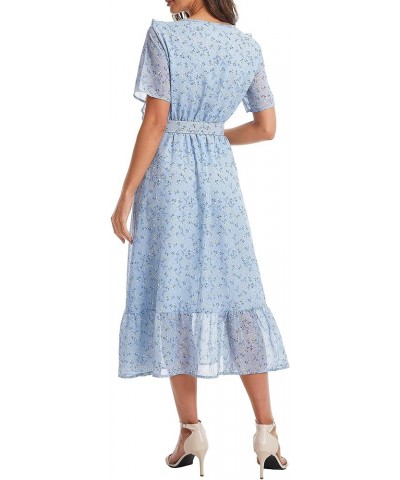 Women's Short Sleeve Button Up Ruffle Chiffon Floral Midi Swing Dress with Belt Blue $20.50 Dresses