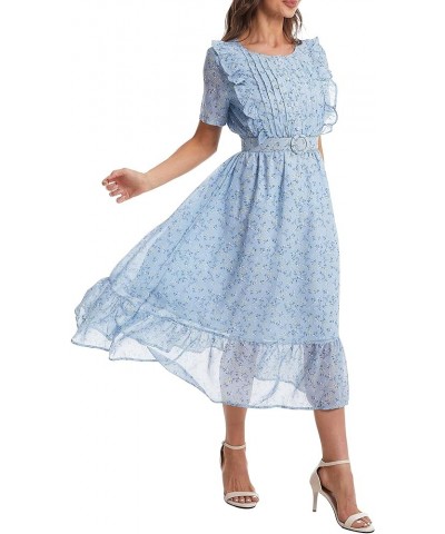 Women's Short Sleeve Button Up Ruffle Chiffon Floral Midi Swing Dress with Belt Blue $20.50 Dresses