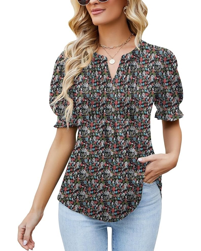 Women's Summer Puff Short/Long Sleeve Tops V Neck Pleated Shirts Floral Tunic Blouses Dressy Casual S-XXL A-army Green Red Fl...