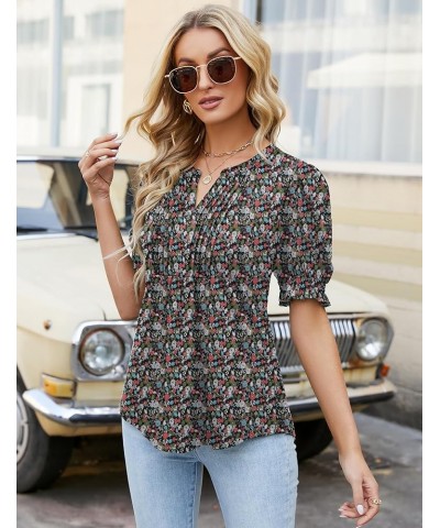 Women's Summer Puff Short/Long Sleeve Tops V Neck Pleated Shirts Floral Tunic Blouses Dressy Casual S-XXL A-army Green Red Fl...