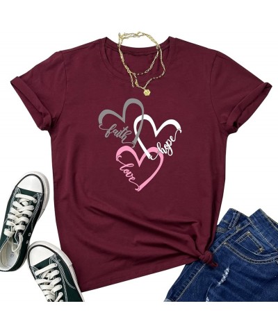 Women Graphic Tees Casual Soft Cotton T Shirts Wine Red $11.39 Tops