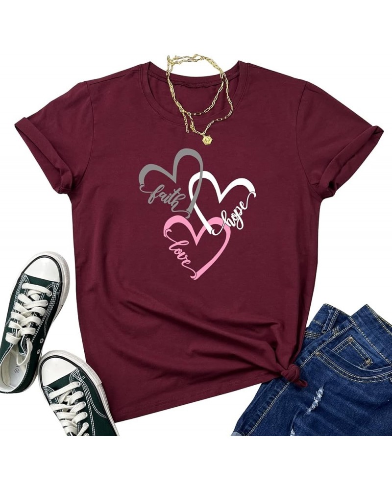 Women Graphic Tees Casual Soft Cotton T Shirts Wine Red $11.39 Tops