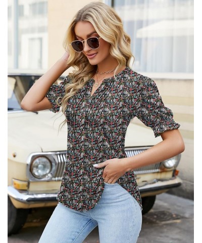 Women's Summer Puff Short/Long Sleeve Tops V Neck Pleated Shirts Floral Tunic Blouses Dressy Casual S-XXL A-army Green Red Fl...