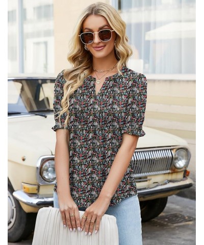 Women's Summer Puff Short/Long Sleeve Tops V Neck Pleated Shirts Floral Tunic Blouses Dressy Casual S-XXL A-army Green Red Fl...