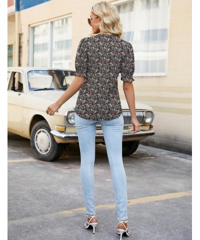 Women's Summer Puff Short/Long Sleeve Tops V Neck Pleated Shirts Floral Tunic Blouses Dressy Casual S-XXL A-army Green Red Fl...