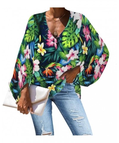 Chiffon Tops for Women Loose Fit Long Sleeve Shirts Blouse Dresses V Neck Size S-4XL Tropical Floral Style $13.80 Tops