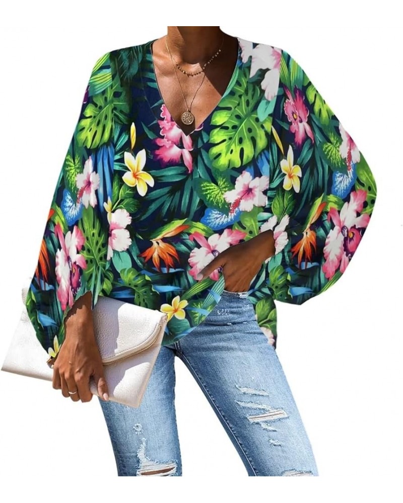 Chiffon Tops for Women Loose Fit Long Sleeve Shirts Blouse Dresses V Neck Size S-4XL Tropical Floral Style $13.80 Tops