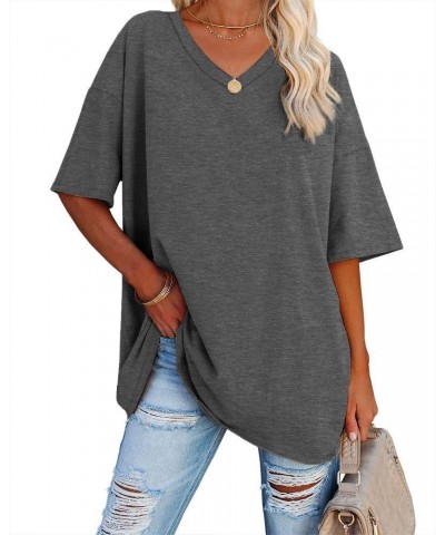 Women's Striped Oversized T Shirts V Neck Tees Half Sleeve Comfy Cozy Cotton Tunic Tops with Pockets 01-dark Grey $12.99 Tops