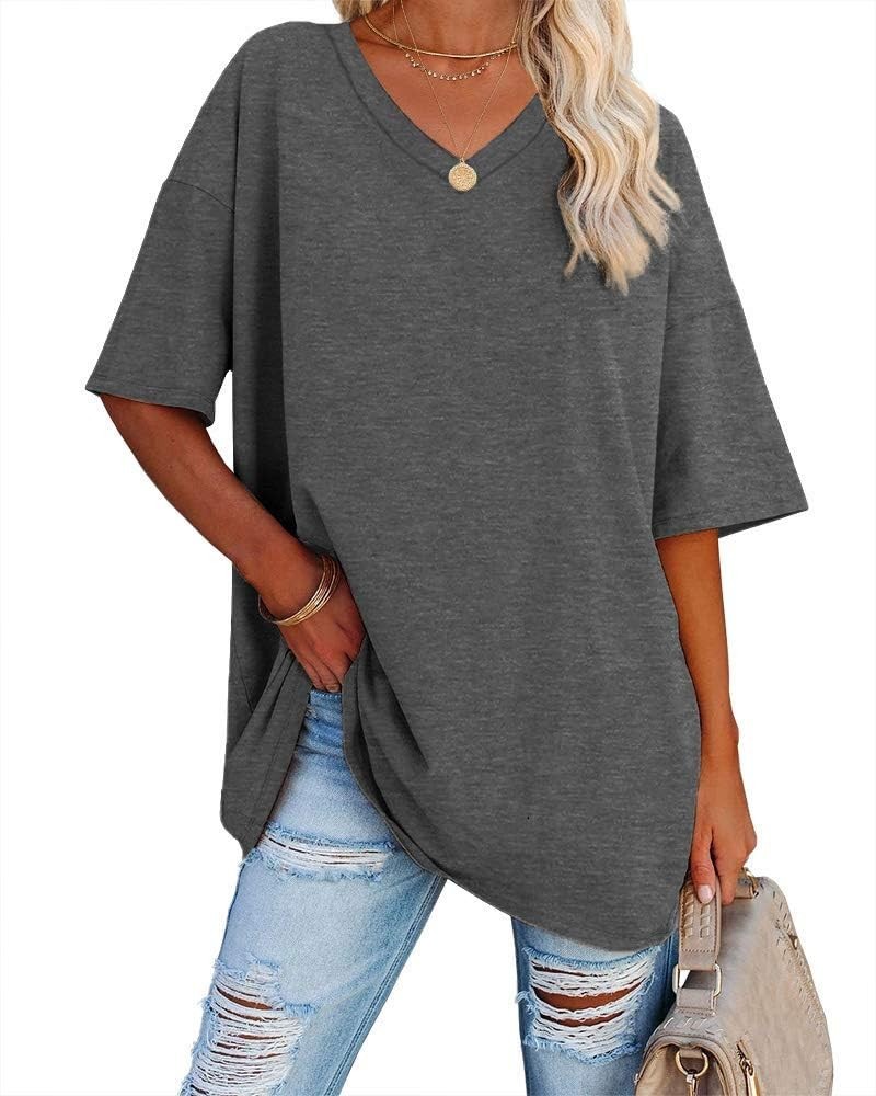 Women's Striped Oversized T Shirts V Neck Tees Half Sleeve Comfy Cozy Cotton Tunic Tops with Pockets 01-dark Grey $12.99 Tops