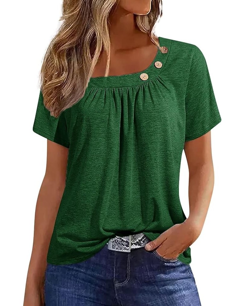 Womens Short Sleeve Blouses Summer Dressy Casual Loose Fit Shirts Button Decor Solid Color Comfy Tunic Tops Aa-green $6.71 Tops