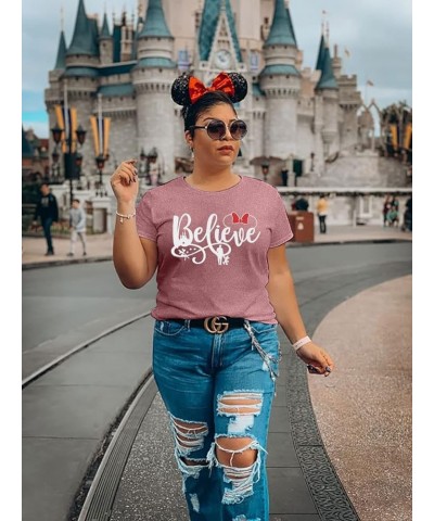 Happiest Place On Earth T-Shirt Women Castle Balloon Graphic Shirt Casual Short Sleeve Trip Tee Top Pink2 $15.67 T-Shirts