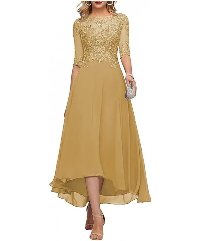 3/4 Sleeves Mother of The Bride Dresses for Wedding Tea Length Lace Appliques Formal Dresses for Women Gold $38.46 Dresses