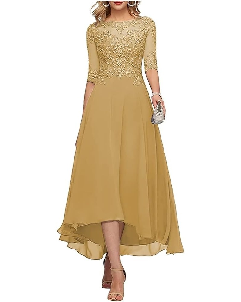 3/4 Sleeves Mother of The Bride Dresses for Wedding Tea Length Lace Appliques Formal Dresses for Women Gold $38.46 Dresses