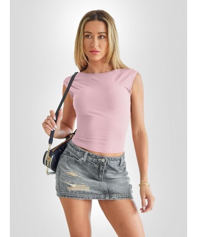 Womens Backless Tops Open Back Shirts Summer Crop Tops Short Sleeve Cute Clothes Y2k Tops 2024 Baby Pink $10.19 T-Shirts