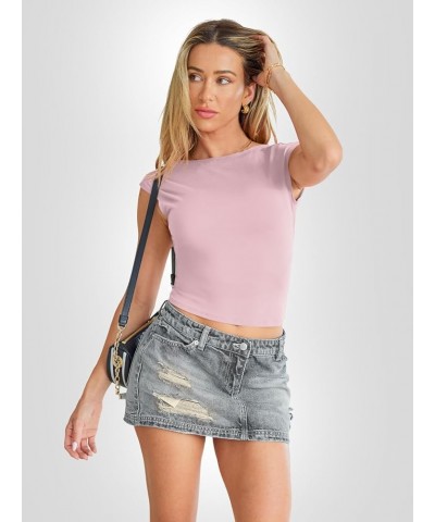 Womens Backless Tops Open Back Shirts Summer Crop Tops Short Sleeve Cute Clothes Y2k Tops 2024 Baby Pink $10.19 T-Shirts