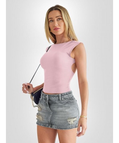 Womens Backless Tops Open Back Shirts Summer Crop Tops Short Sleeve Cute Clothes Y2k Tops 2024 Baby Pink $10.19 T-Shirts