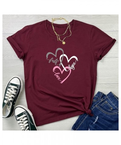 Women Graphic Tees Casual Soft Cotton T Shirts Wine Red $11.39 Tops