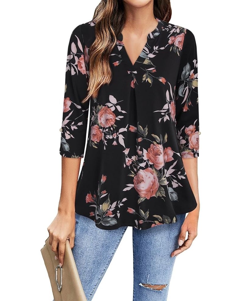 Women's Tops 3/4 Sleeve Casual V Neck Tunic Blouse Shirt Multi-black $12.88 Tops