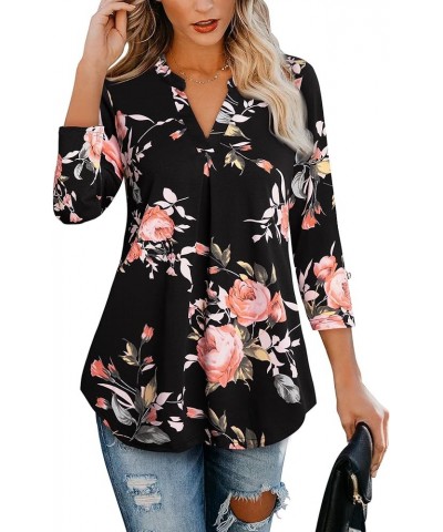 Women's Tops 3/4 Sleeve Casual V Neck Tunic Blouse Shirt Multi-black $12.88 Tops