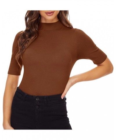 Women’s Short Sleeve Mock Pullover Sweater Knit Jersey Top Slim Fit Caramel $14.24 Sweaters