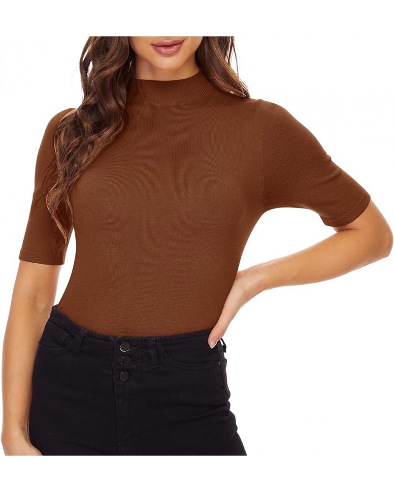 Women’s Short Sleeve Mock Pullover Sweater Knit Jersey Top Slim Fit Caramel $14.24 Sweaters