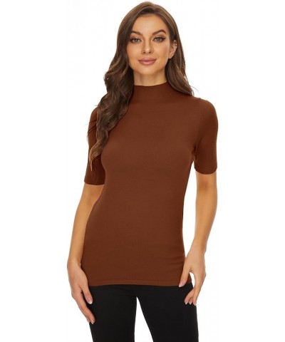 Women’s Short Sleeve Mock Pullover Sweater Knit Jersey Top Slim Fit Caramel $14.24 Sweaters