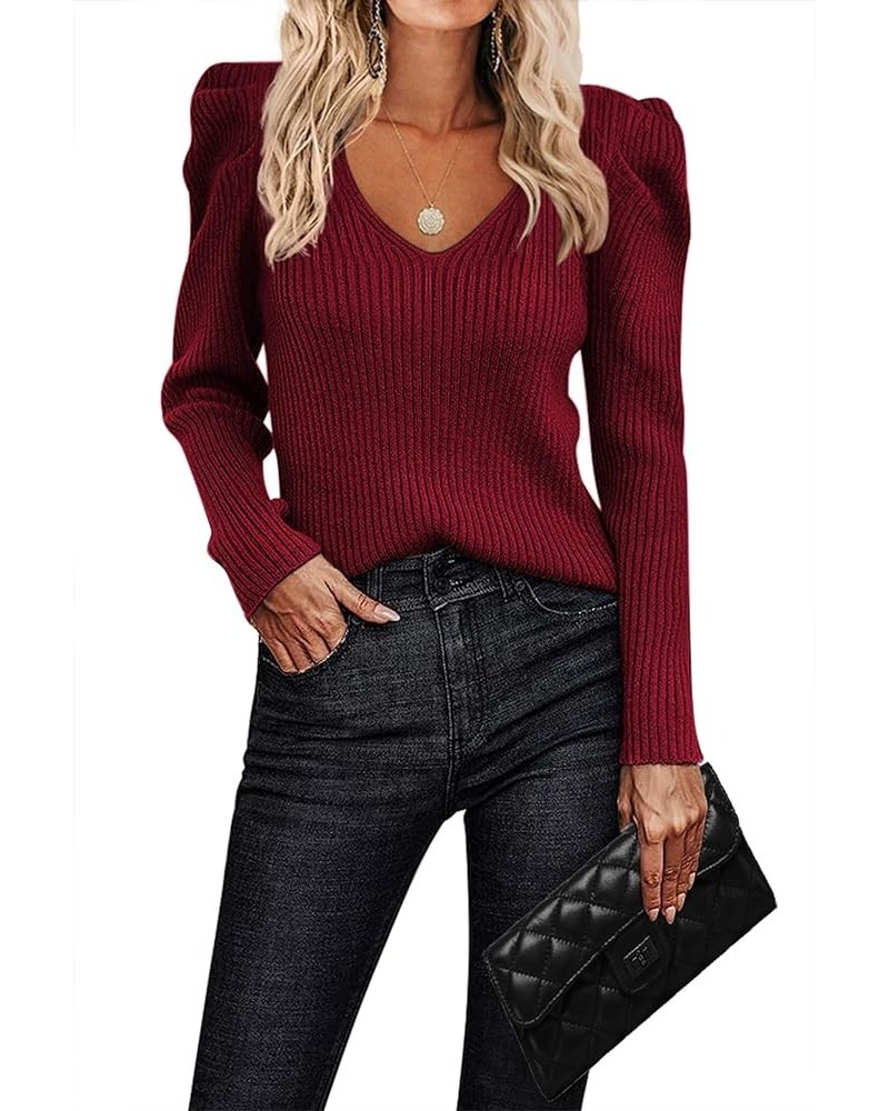 V Neck Sweaters for Women 2024 Casual Puff Sleeve Pullover Sweater Solid Soft Slim Fit Jumper Tops Red $13.18 Sweaters