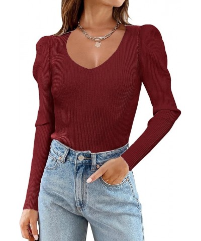 V Neck Sweaters for Women 2024 Casual Puff Sleeve Pullover Sweater Solid Soft Slim Fit Jumper Tops Red $13.18 Sweaters