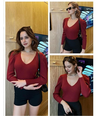 V Neck Sweaters for Women 2024 Casual Puff Sleeve Pullover Sweater Solid Soft Slim Fit Jumper Tops Red $13.18 Sweaters