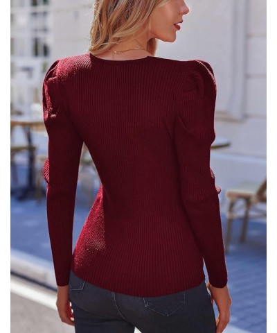 V Neck Sweaters for Women 2024 Casual Puff Sleeve Pullover Sweater Solid Soft Slim Fit Jumper Tops Red $13.18 Sweaters