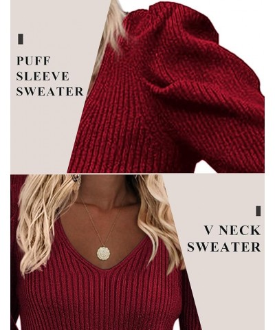 V Neck Sweaters for Women 2024 Casual Puff Sleeve Pullover Sweater Solid Soft Slim Fit Jumper Tops Red $13.18 Sweaters