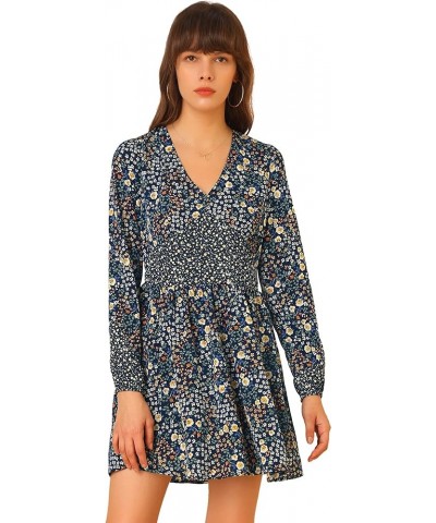 Women's Floral V Neck Long Sleeve A-Line Chiffon Dress Dark Blue $15.67 Dresses