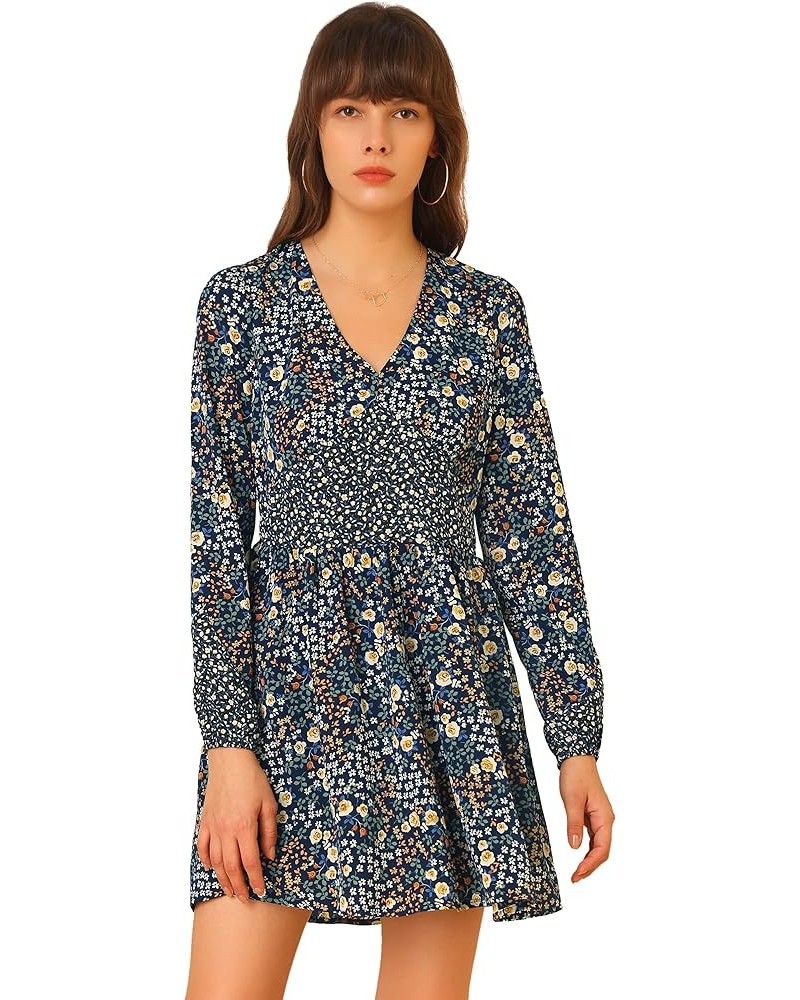 Women's Floral V Neck Long Sleeve A-Line Chiffon Dress Dark Blue $15.67 Dresses