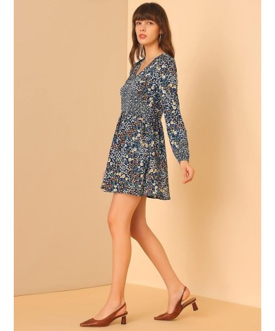 Women's Floral V Neck Long Sleeve A-Line Chiffon Dress Dark Blue $15.67 Dresses