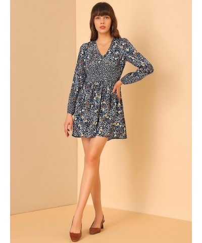 Women's Floral V Neck Long Sleeve A-Line Chiffon Dress Dark Blue $15.67 Dresses