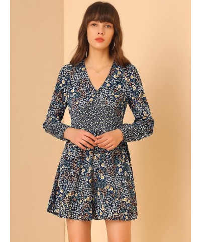 Women's Floral V Neck Long Sleeve A-Line Chiffon Dress Dark Blue $15.67 Dresses