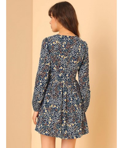 Women's Floral V Neck Long Sleeve A-Line Chiffon Dress Dark Blue $15.67 Dresses