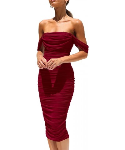 Women's Summer Off The Shoulder Ruched Bodycon Dresses Sleeveless Fitted Party Club Midi Dress Wine Red $29.61 Dresses