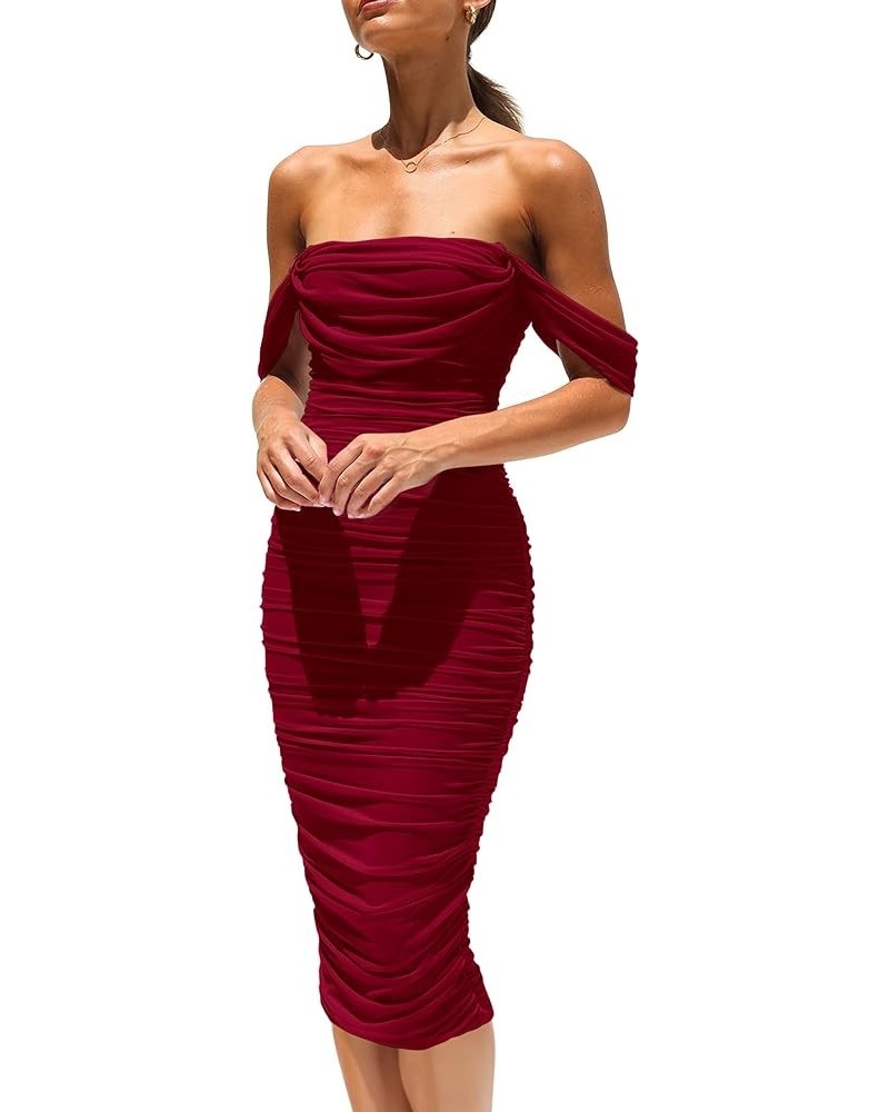 Women's Summer Off The Shoulder Ruched Bodycon Dresses Sleeveless Fitted Party Club Midi Dress Wine Red $29.61 Dresses