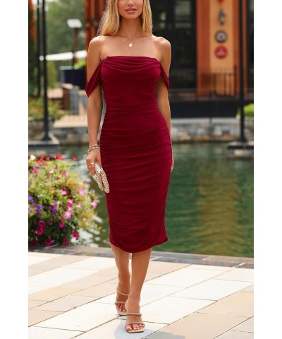 Women's Summer Off The Shoulder Ruched Bodycon Dresses Sleeveless Fitted Party Club Midi Dress Wine Red $29.61 Dresses