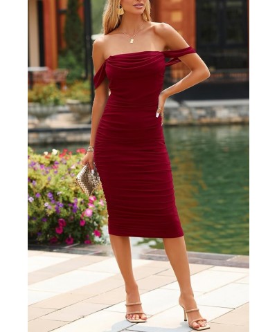 Women's Summer Off The Shoulder Ruched Bodycon Dresses Sleeveless Fitted Party Club Midi Dress Wine Red $29.61 Dresses