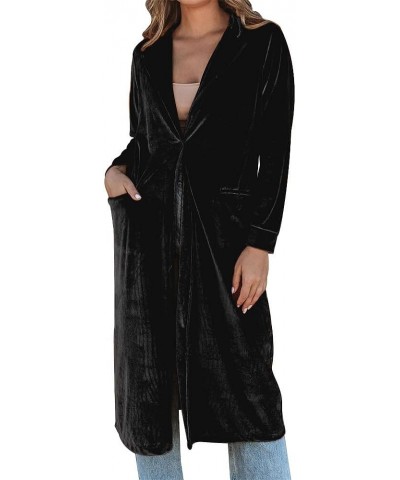 Women's Long Velvet Cardigan Jacket Velour Lapel Collar Open Front Velvet Dusters with Pockets Outwear Black $12.39 Jackets