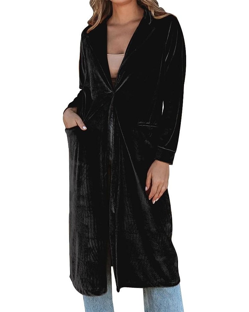 Women's Long Velvet Cardigan Jacket Velour Lapel Collar Open Front Velvet Dusters with Pockets Outwear Black $12.39 Jackets