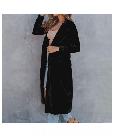 Women's Long Velvet Cardigan Jacket Velour Lapel Collar Open Front Velvet Dusters with Pockets Outwear Black $12.39 Jackets